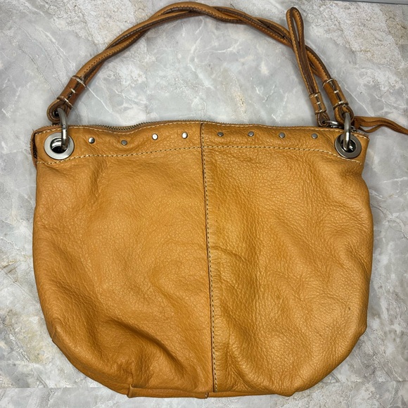 Fossil Mustard Yellow Leather Studded Shoulder Bag Key Dangle Silver Hardware - Picture 4 of 10